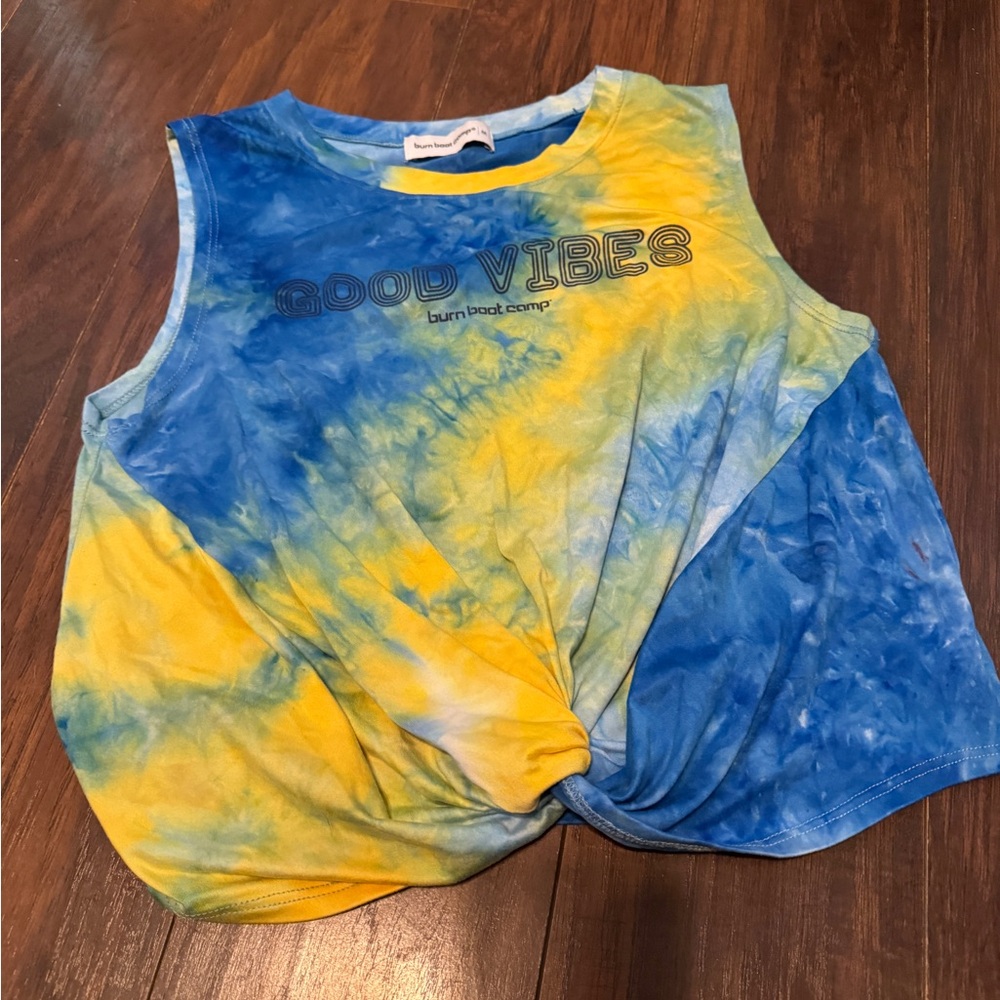 Burn Boot Camp Blue Yellow Tie Dye Twist Hem Workout Tank Top Women’s Medium